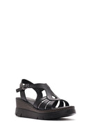 Women's Black Ankle Strap Wedge Heeled Leather Comfort Sandals | Derimod Women's Black Ankle Strap Wedge Heeled Leather Comfort Sandals | Derimod