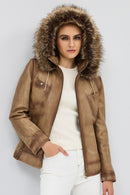 Meggy Women's Beige Hooded Furry Leather Jacket | Derimod Meggy Women's Beige Hooded Furry Leather Jacket | Derimod