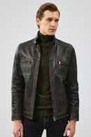 Wade Men's Green Slim-Fit Leather Coat | Derimod Wade Men's Green Slim-Fit Leather Coat | Derimod