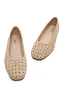 Women's Beige Patterned Suede Leather Ballet Flats | Derimod Women's Beige Patterned Suede Leather Ballet Flats | Derimod