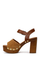 Woman Tan Ankle-Buckle Platform High Thick-Heeled Suede Sandal | Derimod Woman Tan Ankle-Buckle Platform High Thick-Heeled Suede Sandal | Derimod