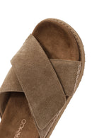 Women's Brown Strappy Thick Soled Suede Leather Slippers | Derimod Women's Brown Strappy Thick Soled Suede Leather Slippers | Derimod