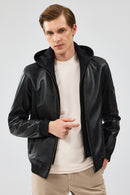 Niko Men's Black Hooded Leather Jacket | Derimod Niko Men's Black Hooded Leather Jacket | Derimod