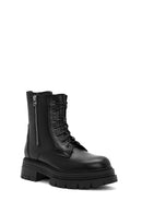 Women's Black Double Zipper Lace-Up Leather Combat Boots | Derimod Women's Black Double Zipper Lace-Up Leather Combat Boots | Derimod