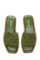 Women's Green Leather Braided Slippers | Derimod Women's Green Leather Braided Slippers | Derimod