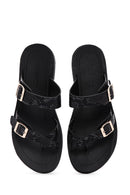 Women's Black Double Buckled Patterned Slippers | Derimod Women's Black Double Buckled Patterned Slippers | Derimod