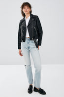 Newage Women's Black Slim-Fit Biker Leather Jacket | Derimod Newage Women's Black Slim-Fit Biker Leather Jacket | Derimod