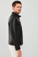 Demar Men's Black Slim-Fit Leather Jacket | Derimod Demar Men's Black Slim-Fit Leather Jacket | Derimod