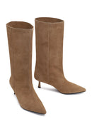 Women's Beige Thin Heeled Suede Leather Boot | Derimod Women's Beige Thin Heeled Suede Leather Boot | Derimod