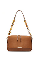 Woman Tan Chain-Strap Suede Crossbody Bag | Derimod Woman Tan Chain-Strap Suede Crossbody Bag | Derimod