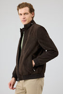 Marcelo Men's Brown Mandarin Collar Suede Leather Jacket | Derimod Marcelo Men's Brown Mandarin Collar Suede Leather Jacket | Derimod