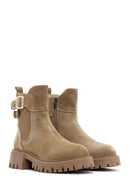 Women's Tan Suede Leather Buckle Zippered Boots | Derimod Women's Tan Suede Leather Buckle Zippered Boots | Derimod