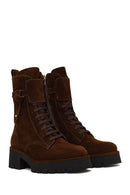 Women's Brown Zippered Thick-Soled Suede Leather Combat Boot | Derimod Women's Brown Zippered Thick-Soled Suede Leather Combat Boot | Derimod