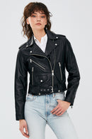 Newage Women's Black Slim-Fit Biker Leather Jacket | Derimod Newage Women's Black Slim-Fit Biker Leather Jacket | Derimod
