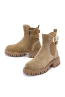 Women's Tan Suede Leather Buckle Zippered Boots | Derimod Women's Tan Suede Leather Buckle Zippered Boots | Derimod