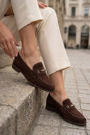 Kadın Kahverengi Tokalı Süet Deri Maskülen Loafer | Derimod Kadın Kahverengi Tokalı Süet Deri Maskülen Loafer | Derimod