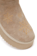 Woman Beige Patterned Suede Teddy Boots | Derimod Woman Beige Patterned Suede Teddy Boots | Derimod