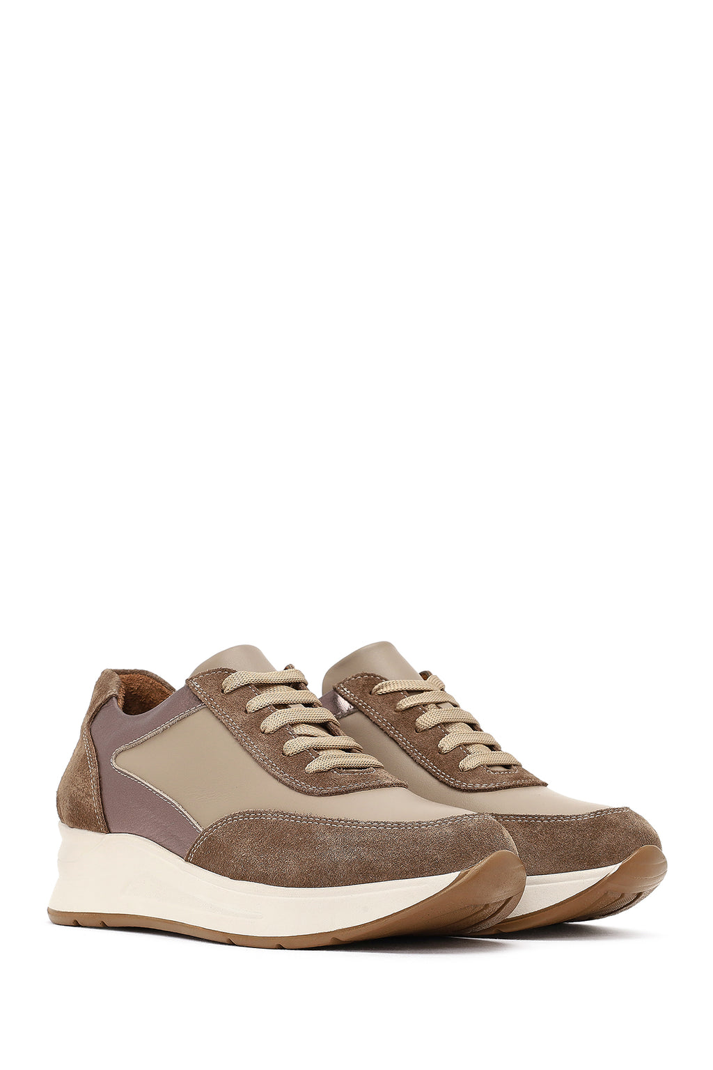 Kadın Vizon Bağcıklı Dolgu Topuklu Deri Sneaker
