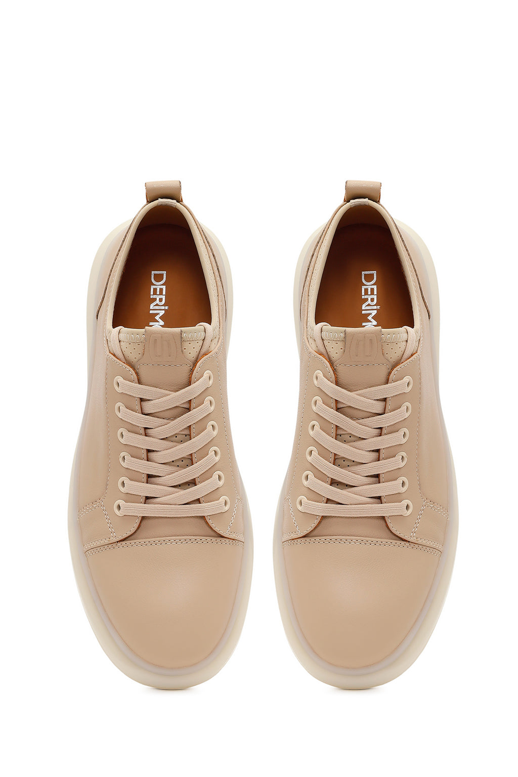 Erkek Bej Bağcıklı Kalın Tabanlı Deri Sneaker