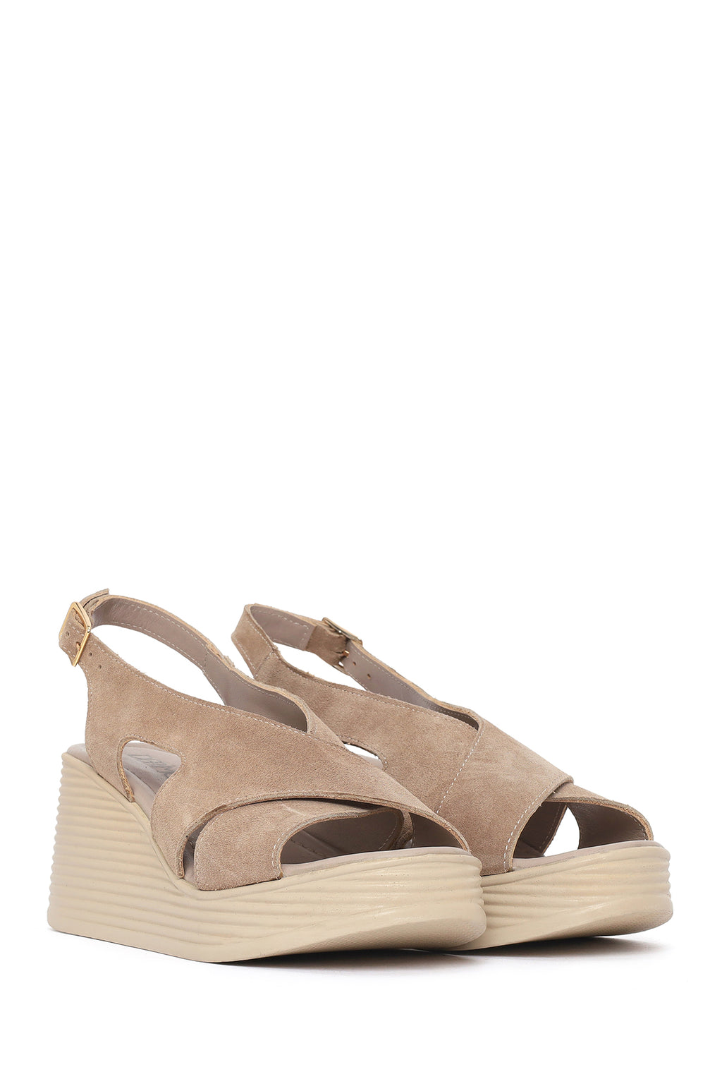 Kadın Vizon Arkadan Tokalı Dolgu Topuklu Süet Deri Sandalet