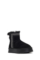 Women's Black Thick-Soled Patterned Suede Leather Teddy Boot | Derimod Women's Black Thick-Soled Patterned Suede Leather Teddy Boot | Derimod