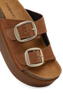 Women's Tan Double Buckle Thick Sole Suede Leather Slippers | Derimod Women's Tan Double Buckle Thick Sole Suede Leather Slippers | Derimod