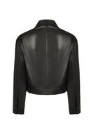 Raquel Woman Black Shirt Collar Short Leather Jacket | Derimod Raquel Woman Black Shirt Collar Short Leather Jacket | Derimod