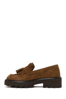 Woman Camel Thick-Soled Tasselled Suede Loafer | Derimod Woman Camel Thick-Soled Tasselled Suede Loafer | Derimod