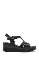 Women's Black Ankle Strap Wedge Heeled Leather Comfort Sandals | Derimod Women's Black Ankle Strap Wedge Heeled Leather Comfort Sandals | Derimod