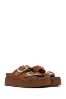 Women's Tan Double Buckle Thick Sole Suede Leather Slippers | Derimod Women's Tan Double Buckle Thick Sole Suede Leather Slippers | Derimod