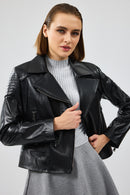 Monaco Women's Black Biker Leather Jacket | Derimod Monaco Women's Black Biker Leather Jacket | Derimod