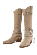Women's Beige Thick Heel Buckle Detailed Suede Leather Cowboy Boots | Derimod Women's Beige Thick Heel Buckle Detailed Suede Leather Cowboy Boots | Derimod