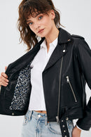 Newage Women's Black Slim-Fit Biker Leather Jacket | Derimod Newage Women's Black Slim-Fit Biker Leather Jacket | Derimod