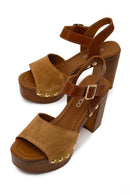 Woman Tan Ankle-Buckle Platform High Thick-Heeled Suede Sandal | Derimod Woman Tan Ankle-Buckle Platform High Thick-Heeled Suede Sandal | Derimod