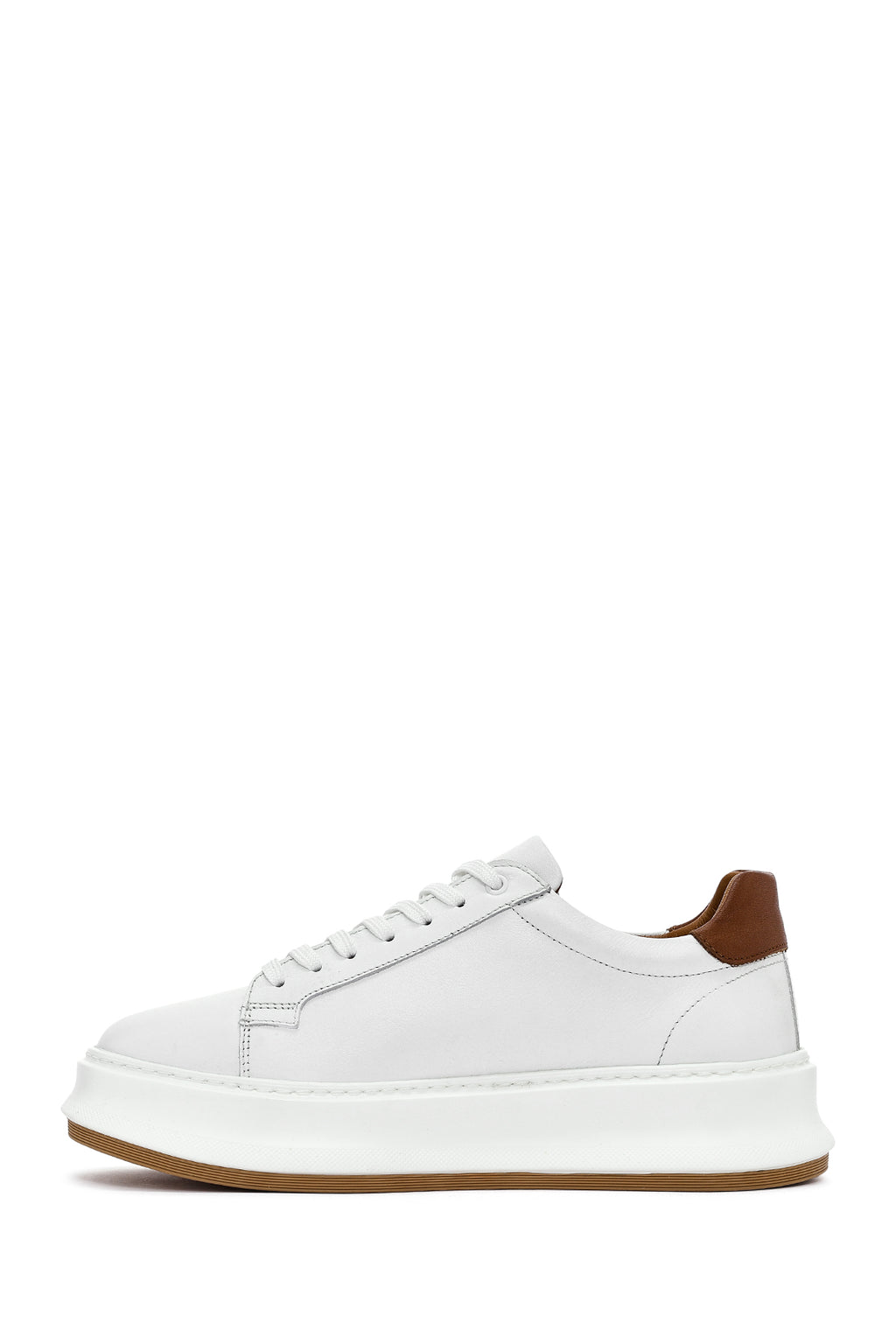 Erkek Beyaz Bağcıklı Kalın Tabanlı Deri Sneaker