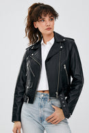 Newage Women's Black Slim-Fit Biker Leather Jacket | Derimod Newage Women's Black Slim-Fit Biker Leather Jacket | Derimod