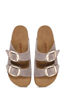 Women's Beige Buckle Suede Leather Slippers | Derimod Women's Beige Buckle Suede Leather Slippers | Derimod
