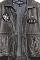 Hurricane Men's Grey Fur Collar Pilot Leather Jacket with Emblem | Derimod Hurricane Men's Grey Fur Collar Pilot Leather Jacket with Emblem | Derimod