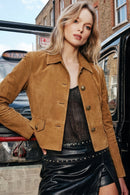 Almira Woman Camel Short Suede Leather Jacket | Derimod Almira Woman Camel Short Suede Leather Jacket | Derimod