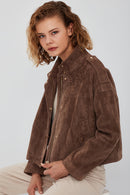 Cassy Women's Mink Oversize Suede Leather Jacket | Derimod Cassy Women's Mink Oversize Suede Leather Jacket | Derimod