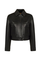 Raquel Woman Black Shirt Collar Short Leather Jacket | Derimod Raquel Woman Black Shirt Collar Short Leather Jacket | Derimod