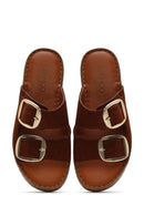 Woman Tan Buckled Suede Leather Comfort Slippers | Derimod Woman Tan Buckled Suede Leather Comfort Slippers | Derimod