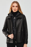 Tyler Women's Black Oversize Double Collar Hooded Leather Coat | Derimod Tyler Women's Black Oversize Double Collar Hooded Leather Coat | Derimod