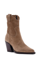 Women's Tan Zippered Suede Leather Cowboy Boots | Derimod Women's Tan Zippered Suede Leather Cowboy Boots | Derimod