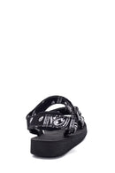 Women's Black Patterned Flat Sandals | Derimod Women's Black Patterned Flat Sandals | Derimod