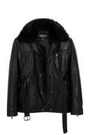 Edith Women's Black Collar Fur Leather Jacket | Derimod Edith Women's Black Collar Fur Leather Jacket | Derimod