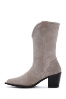 Women's Beige Thick Heeled Suede Leather Cowboy Boots | Derimod Women's Beige Thick Heeled Suede Leather Cowboy Boots | Derimod