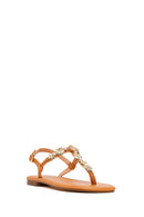 Woman Tan Ankle-Buckle Toe-Post Embellished Sandal | Derimod Woman Tan Ankle-Buckle Toe-Post Embellished Sandal | Derimod