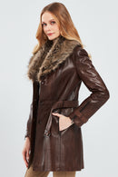 Rhoda Women's Brown Fur Leather Trench Coat | Derimod Rhoda Women's Brown Fur Leather Trench Coat | Derimod