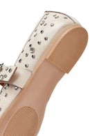 Women's Beige Buckled Stoned Leather Ballerinas | Derimod Women's Beige Buckled Stoned Leather Ballerinas | Derimod